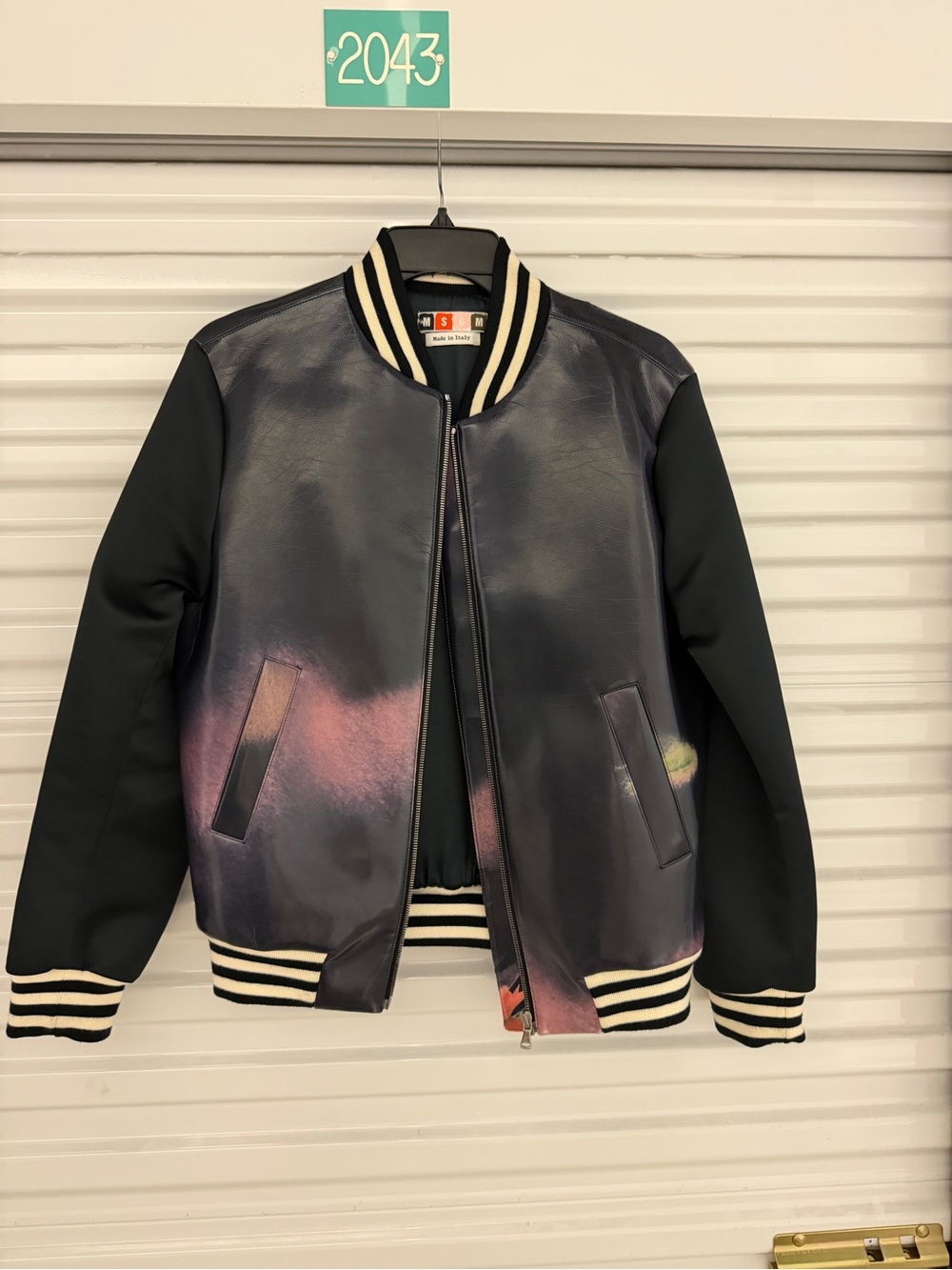 MSGM Black Varsity Bomber Jacket with Multicolor Iridescent Accents